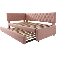 Upholstered Daybed with Pull-Out Trundle and Slatted Base, Space-Saving Velvet Single Sofa Bed for Adults and Kids, 202L x 105W x 83H cm, Pink(m-10)