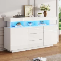 High-gloss Storage Cabinet with App-Controlled LED Lighting, Locker with Adjustable Shelves and Soft-close Drawers, 140L x 35W x 80H cm, White(m-1)