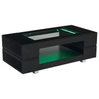 Modern LED Hollow Coffee Table with App-Controlled Light Strip, Desk with High-Gloss Toughened Glass Top, 100L x 50W x 35H cm, Black(m-10)