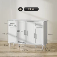 HOMCOM Mobilier de Sufragerie, Credență cu 2 Sertare și 3 Dulapuri cu Rafturi Reglabile, Comodă cu Picioare din Pin pentru Sala de Mese și Bucătărie, 120x38x86 cm, Alb(m-3)