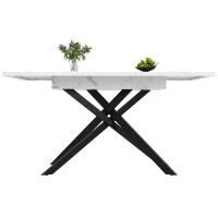 6–8 Seats Extendable Dining Table with Modern Crossed Iron Legs, Kitchen Table with Marbled MDF Top, 120-160L x 80W x 76.5H cm, White(m-2)