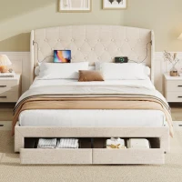 Double Upholstered Ottoman Bed with USB & Type-C Charging Station, Bed Frame with 2 Storage Drawers, 200L x 144W x 116H cm, Beige(m-1)