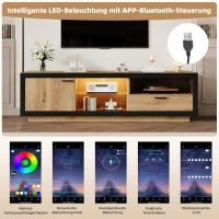 Modern TV Cabinet with App-Controlled LED Lights and USB Power, Media Cabinet with 3 Open Compartments, 160L x 40W x 50H cm, Wood(m-5)