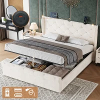 4ft6 Double Upholstered Bed with Built-in Type‑C & USB Charging, Bed Frame with Adjustable LED Reading Lights, 214L x 145W x 102H cm, Beige(m-5)