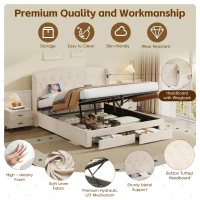 Double Upholstered Ottoman Bed with USB & Type-C Charging Station, Bed Frame with 2 Storage Drawers, 200L x 144W x 116H cm, Beige(m-4)