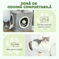 PawHut Arbore Zgâriător pentru Pisici cu Căsuță, Pat și 2 Mingi, Turn pentru Pisici din PFL, Pluș, Bumbac PP și Sisal, 55x40x107 cm, Gri și Alb(m-5)