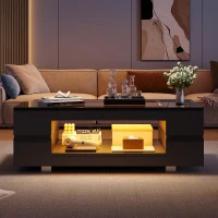 Modern LED Hollow Coffee Table with App-Controlled Light Strip, Desk with High-Gloss Toughened Glass Top, 100L x 50W x 35H cm, Black(m-6)