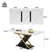 6–8 Seats Extendable Dining Table with Marble-Effect MDF Top, Kitchen Table with Metal Slide Rails, 120-160L x 80W x 75.5H cm, Black+Golden(m-3)