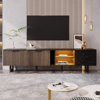 Modern TV Cabinet with 2 Wood-Grain Doors and 2 Open Shelves, TV Stand for Robot Vacuum Cleaners, 200L x 38W x 50H cm, Black+Wood(m-1)