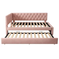Upholstered Daybed with Pull-Out Trundle and Slatted Base, Space-Saving Velvet Single Sofa Bed for Adults and Kids, 202L x 105W x 83H cm, Pink(m-11)