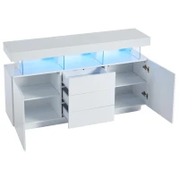 High-gloss Storage Cabinet with App-Controlled LED Lighting, Locker with Adjustable Shelves and Soft-close Drawers, 140L x 35W x 80H cm, White(m-11)