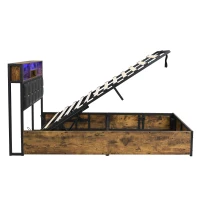 Hydraulic Storage Single Bed with Multi-Colour LED Strip, Charging Ports, Sponge Headboard for Bedrooms, 208L x 96W x 107H cm, Black+Neutral(m-12)