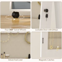 HOMCOM Oglindă Dulap pentru Bijuterii cu LED Interior Roți Pivotant 360° Rafturi Deschise Sertare din Material Textil Alb(m-4)