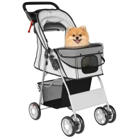 PawHut Cărucior pliabil pentru câini Buggy cu bandă reflectorizantă Coș de depozitare Pernă pentru câini mici până la 10 kg 77x44x102 cm Gri(m-7)