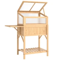 Outsunny Pat înălțat cu capotă pentru mini-seră din lemn jardinieră cu seră pliabilă masă laterală raft lemn natural(m-1)