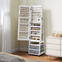 HOMCOM Schmuckschrank mit LED-Innenbeleuchtung Rollen 360° drehbar Offene Ablagen Stoffschubladen Weiß(m-2)