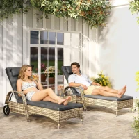 Outsunny Set of 2 sun loungers: mattress, headrest, adjustable recline, wheels + tempered glass coffee table dark gray(m-2)