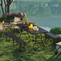 Outsunny Ensemble table pliante et bancs de pique-nique 180 cm avec poignées de transport, table et banc pliable effet rotin noir(m-10)