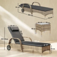 Outsunny Conjunto de 2 Espreguiçadeiras Colchão Apoio de Cabeça Inclinação Regulável Rodízios Mesa de Centro Vidro Temperado Cinza Escuro(m-3)