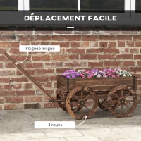 Outsunny Chariot à fleurs en bois avec roues et poignée, bac à fleurs, brouette avec trous de drainage, 120 x 41 x 54 cm, marron(m-4)