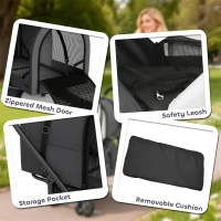 PawHut Cărucior Dublu pentru Câini și Pisici Pliabil cu 2 Transportine Detașabile cu Centură și Perne 66x50x98cm Gri Închis(m-4)