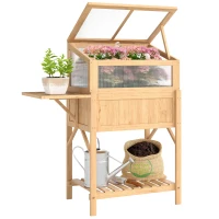 Outsunny Pat înălțat cu capotă pentru mini-seră din lemn jardinieră cu seră pliabilă masă laterală raft lemn natural(m-7)