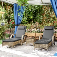 Outsunny Set mit 2 Sonnenliegen: Matratze, Kopfstütze, mehrfach verstellbar, Rollen + Couchtisch mit gehärteter Glasplatte, dunkelgrau(m-5)