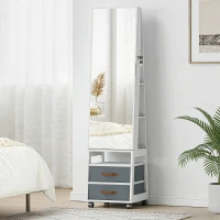 HOMCOM Oglindă Dulap pentru Bijuterii cu LED Interior Roți Pivotant 360° Rafturi Deschise Sertare din Material Textil Alb(m-5)