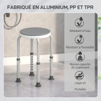 HOMCOM Tabouret de douche siège de douche antidérapant tabouret de bain hauteur réglable pivotant à 360° en aluminium(m-5)