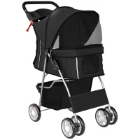PawHut Cărucior pliabil pentru câini Cărucior cu benzi reflectorizante Coș depozitare Pernă pentru câini mici până la 10 kg 77x44x102 cm Negru(m-1)