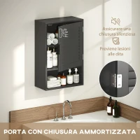 HOMCOM Armadietto Bagno a Parete con Ripiano Regolabile e Anta Ammortizzata, 40x20x60 cm, Nero(m-6)
