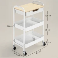 HOMCOM Carrello Cucina Multiuso con Ruote Girevoli, 2 Cesti, Cassetto e Piano in Legno, Bianco(m-3)