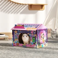PawHut 2 in 1 Gaming Style Cardboard Cat House with Scratching Board & Catnip for Indoor Cats, Pink(m-2)
