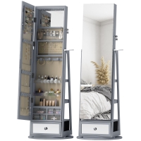 HOMCOM Schmuckschrank mit LED-Beleuchtung Schmuckschrank mit Ganzkörperspiegel 360° drehbar Schublade Schloss Hellgrau