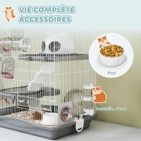 PawHut Cage hamster, cage rongeur à 3 niveaux, roue d'exercice, tunnel, gamelle, niche et rampe d'accès, 45 x 30 x 45 cm, gris(m-6)