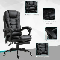 HOMCOM Fauteuil de bureau direction massant chauffant hauteur réglable dossier inclinable repose-pied + coussin lombaires intégrés revêtement synthétique noir(m-4)