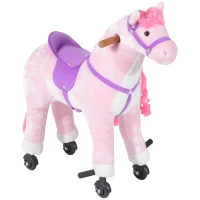 HOMCOM Cavallo a Dondolo per Bambini 2+ Anni con 4 Rotelle, Suoni Realistici e Poggiapiedi, 65x28x75 cm, Rosa(m-11)