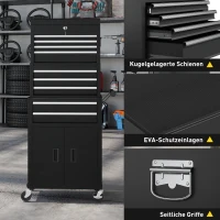 HOMCOM 3-in-1 Werkzeugkiste, Werkzeugschrank mit 4 Rädern, verschließbarer Werkzeugkasten mit 9 Schubladen, Stahl, Schwarz(m-7)