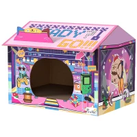 PawHut 2 in 1 Gaming Style Cardboard Cat House with Scratching Board & Catnip for Indoor Cats, Pink(m-1)