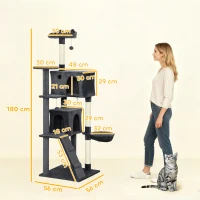 PawHut 180cm Large Cat Tree Tower with Sisal Scratching Posts, Condos, Plush Perches, Hammock, Ladder, Dark Grey(m-3)