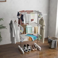 HOMCOM 3-Tier Clothes Airer, Stainless Steel Foldable Clothes Drying Rack with Wheels and Wings, Indoor and Outdoor, Easy Assembly, 142 x 55 x 152cm, White(m-2)