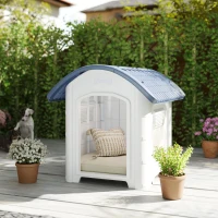 PawHut Außen-Hundehütte, Hundehütte aus Kunststoff mit erhöhtem und abnehmbarem Boden, wasserdichtes Dach, Grau(m-2)