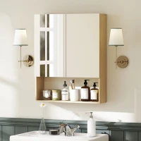 HOMCOM Badezimmerschrank, Spiegeltüren, offenes Regal, Wandmontage, MDF, Spanplatte, Eiche(m-8)