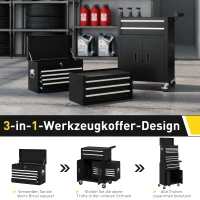 HOMCOM 3-in-1 Werkzeugkiste, Werkzeugschrank mit 4 Rädern, verschließbarer Werkzeugkasten mit 9 Schubladen, Stahl, Schwarz(m-5)