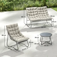 Outsunny 4 Seater Garden Furniture Set, Conversation Set with Loveseat Sofa, Chairs, Glass Coffee Table, Thick Cushions, Steel Outdoor Sofa for Balcony, Poolside, Conservatory, Light Grey(m-3)