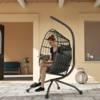 Outsunny Fauteuil suspendu, fauteuil oeuf suspendu panier pliable, coussin rembourré, porte-gobelet, 120x88x192cm, gris foncé(m-10)