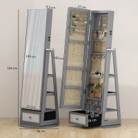 HOMCOM Oglindă portarbijuterii cu lumini LED Dulap portarbijuterii cu oglindă completă Rotativ de 360° Sertar Încuietoare Gri deschis(m-3)