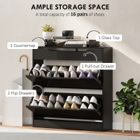 HOMCOM Shoe Storage Cabinet with Slide Out Drawer, 2 Flip Doors, Tempered Glass Top - Black(m-4)