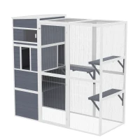 PawHut Enclos pour chats extérieur Maison pour chats en bois avec 3 plateformes toit étanche espace repos pour 3-4 chats jusqu'à 10 kg Gris(m-4)