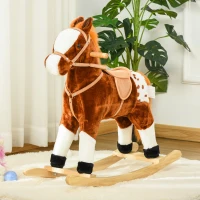 HOMCOM Cheval à Bascule en Bois et Peluche pour Enfant Cheval de Cowboy peluche Pour Enfants de 3-6 Ans Jouet balançoire avec Effet sonore Selle rênes Marron Blanc(m-10)